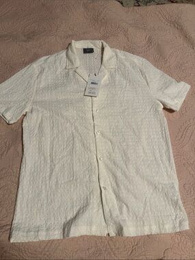 Cream Short-Sleeve Textured Camp-Collar Button Shirt